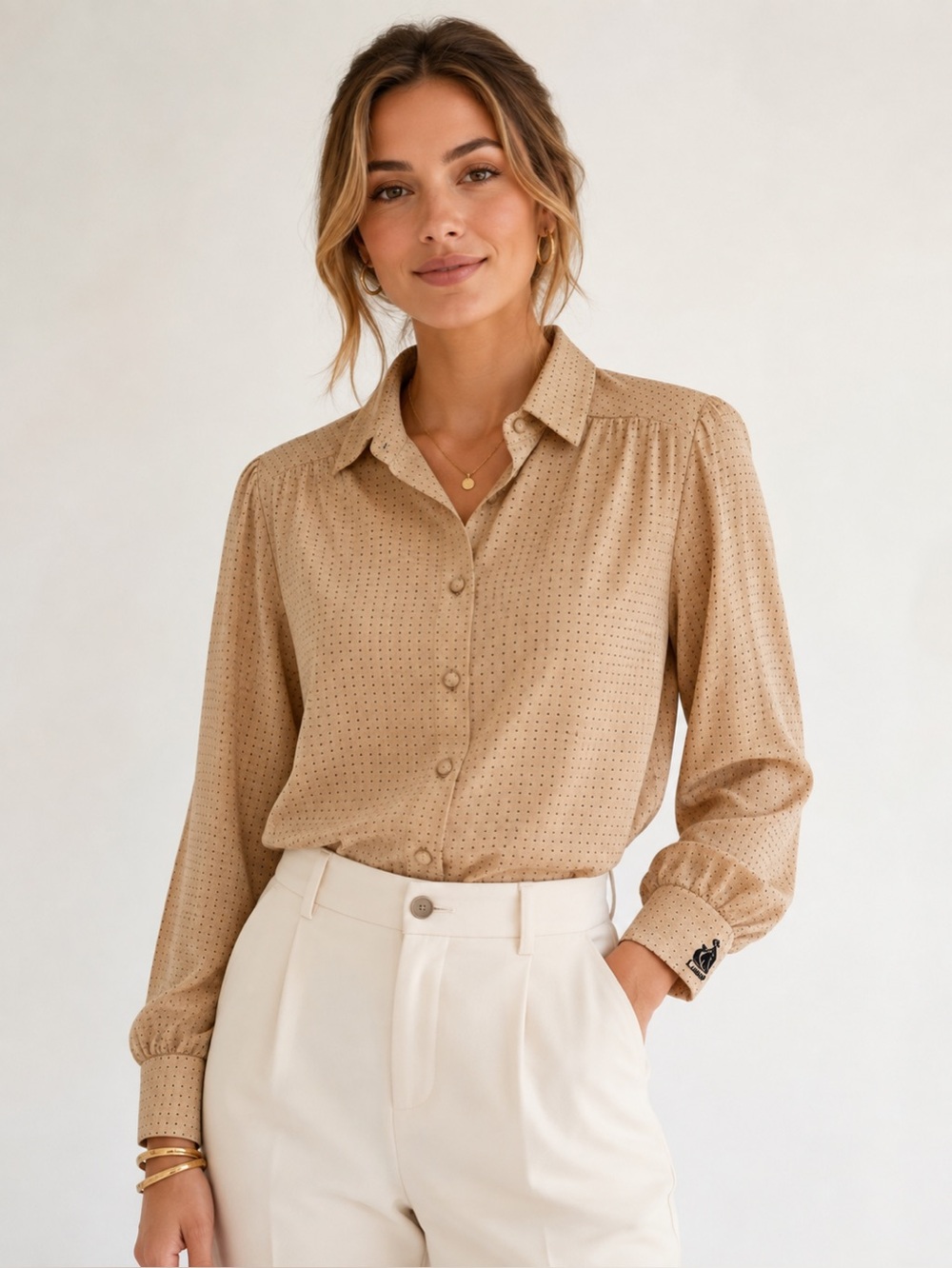 Lanvin Vintage Tan & Black Swiss Dot Button-Front Blouse Sz. 12 (Small)